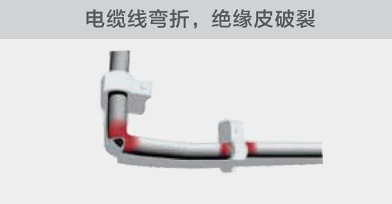 在安裝過程中，由于電線的彎曲半徑過小，或是線夾過緊，導(dǎo)致線纜絕緣皮破裂，產(chǎn)生電弧隱患